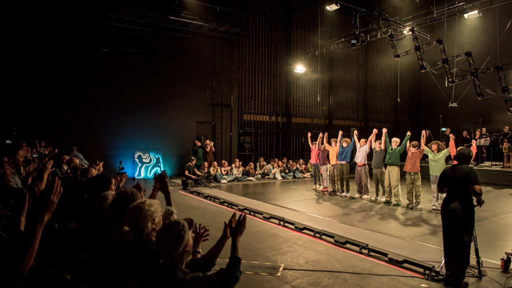 The dancers and OAE musicians being applauded by an audience after a performance of Breaking Bach at ENB studios in October 2023