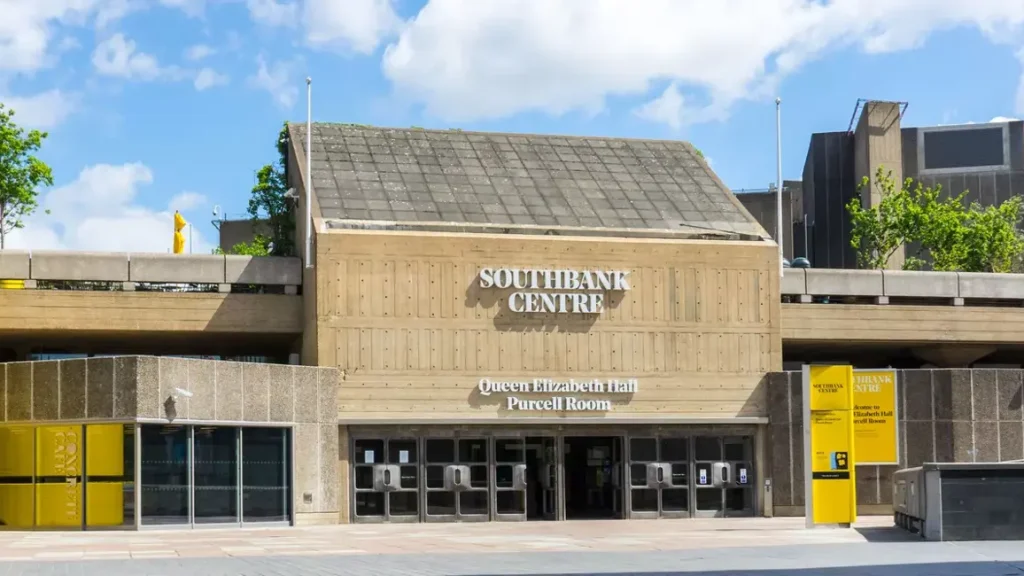 An external shot of the Queen Elizabeth Hall - a brutalist concrete building - at the Southbank Centre in London.