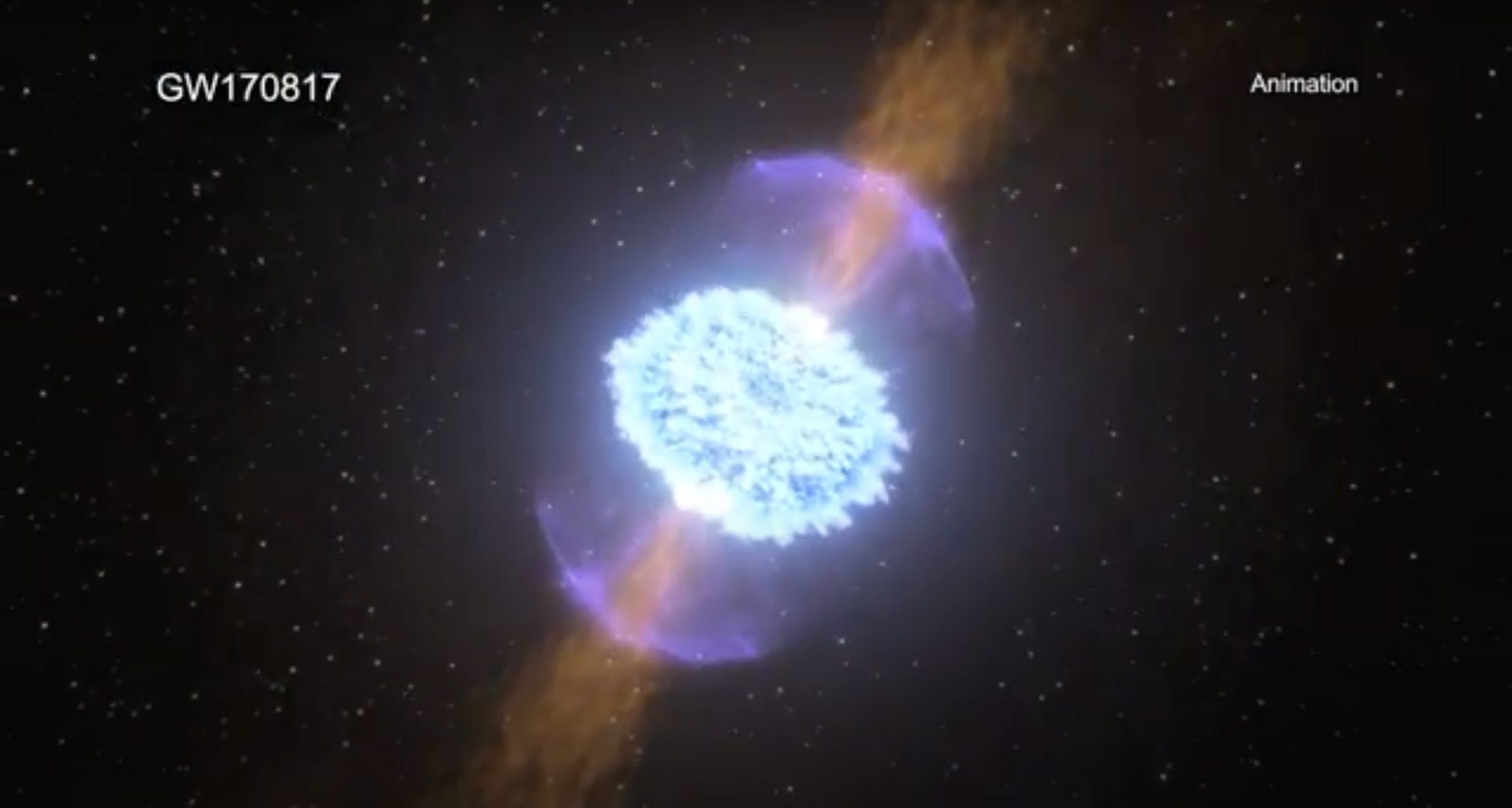 Animated depiction of GW170817, a stellar phenomenon, showing a bright explosion in space with blue and purple hues and ejecting streams of red and blue particles in opposite directions, set against a backdrop of stars.